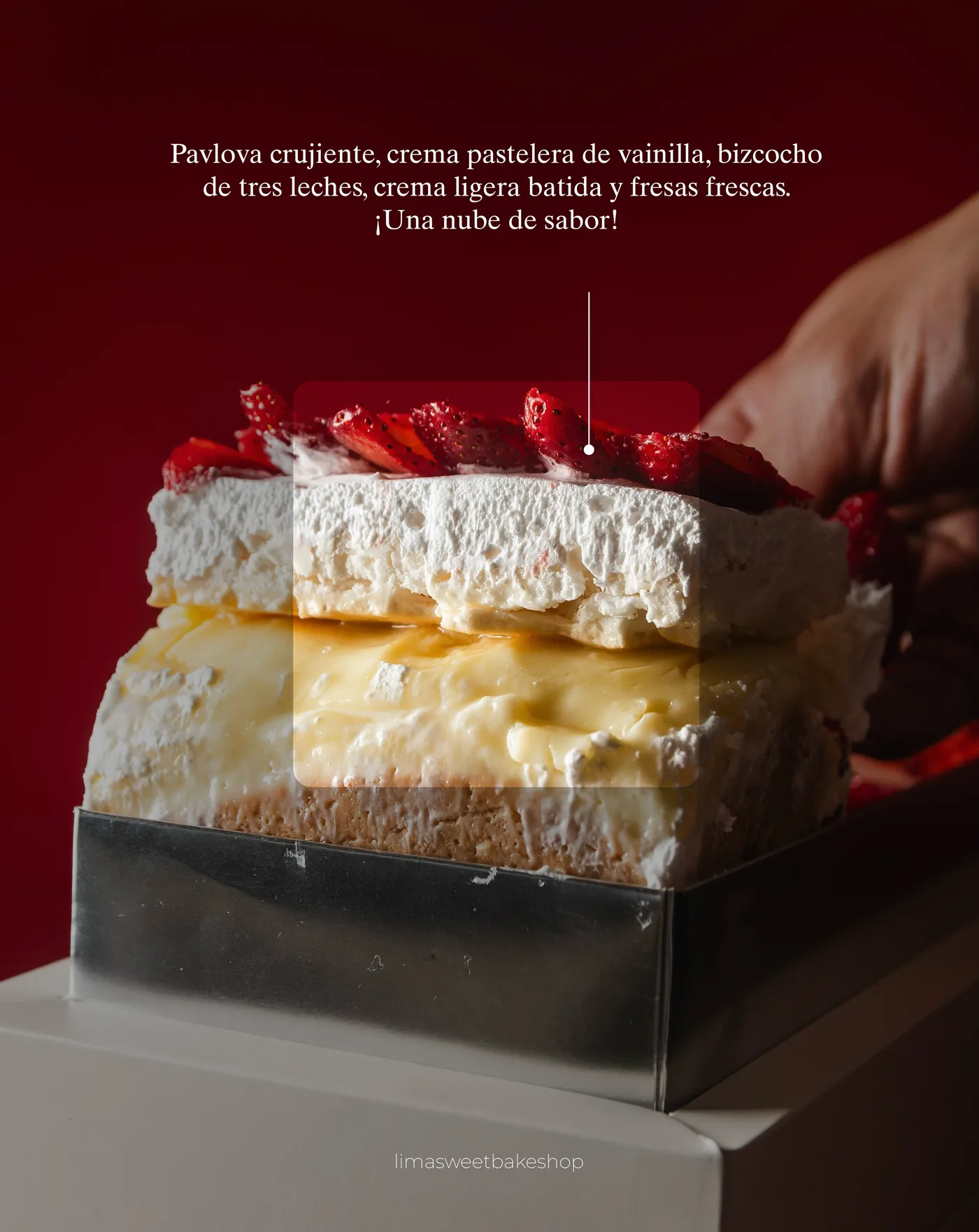 Corte transversal de la pavlova de tres leches, Lima Sweet